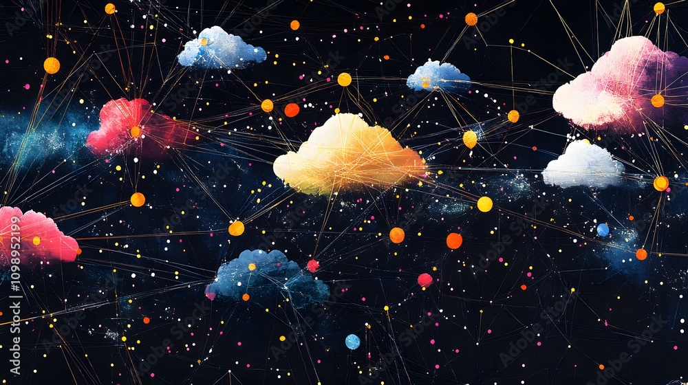 Poster multi-cloud: a complex web of interconnected clouds representing multiple service providers, each wi