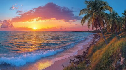 A vibrant sunset over a beach with palm trees and gentle waves.