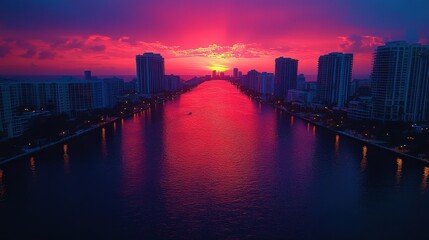 Obraz premium A vibrant sunset over a city skyline reflecting in the water, creating a serene atmosphere.