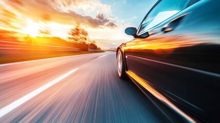 Fast Car Driving on Highway at Sunset
