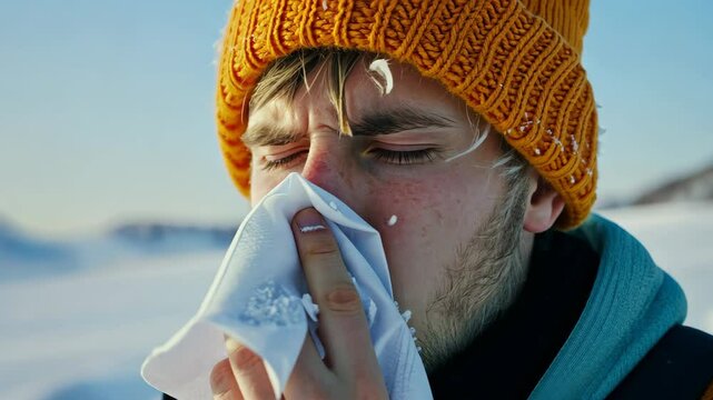 Miserable man with runny nose uses handkerchief. Winter flu season causing discomfort and illness.
