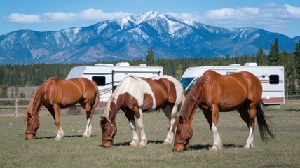 Fototapeta premium Horses grazing in a field with mountains in the background.
