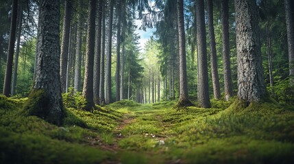 Obraz premium Forest path, trees, moss, nature, sunlight