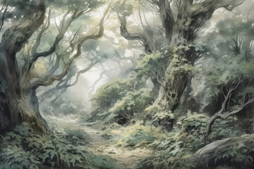 Fototapeta premium A forest path surrounded by tall trees and dense vegetation. The path winds between the tree trunks, creating a mysterious and cozy atmosphere. 