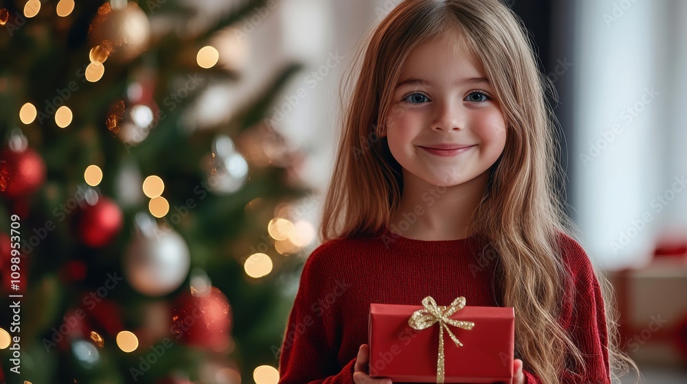 Wall mural Young girl with long hair smiling and holding a red gift box near a beautifully decorated Christmas tree with twinkling lights and festive ornaments in a cozy indoor setting