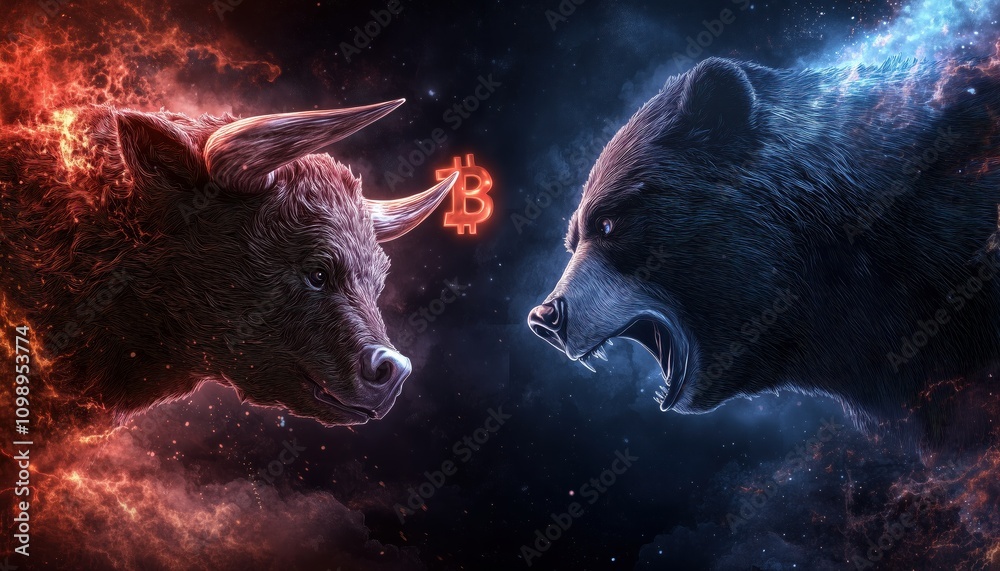 Wall mural two bears are fighting with a red bitcoin in the middle. the bears are in a dark background with a r