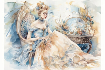 a graceful young woman in an elegant 18th century style dress, sitting in a luxurious chair.  