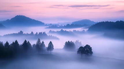 Obraz premium Misty morning landscape reveals rolling hills and silhouettes of trees at dawn