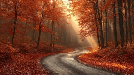 A winding road through a serene autumn forest bathed in soft sunlight.
