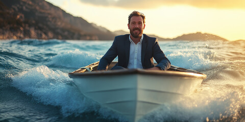 Fototapeta premium businessman escape from danger wave, Sitting on the boat Rowing from danger wave
