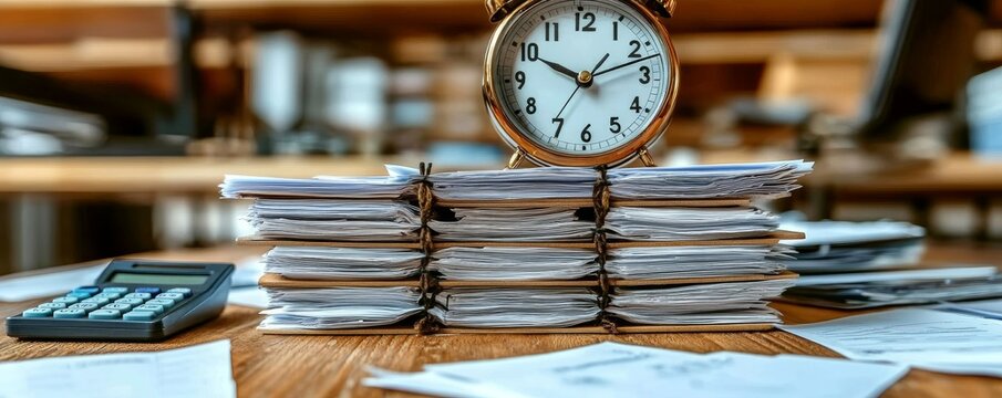 Tax Documents Calculator and Clock Highlighting Urgent Deadlines and Pressure of Tax Season