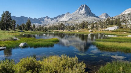 Fototapeta premium Majestic mountain reflection in serene alpine lake surrounded by lush greenery and clear skies