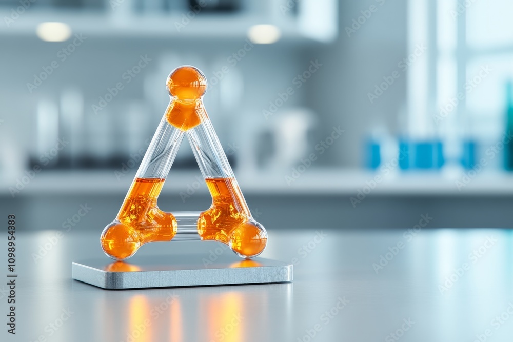 Poster A close-up view of a molecule formed by atoms connected with glowing bonds, set in a laboratory environment