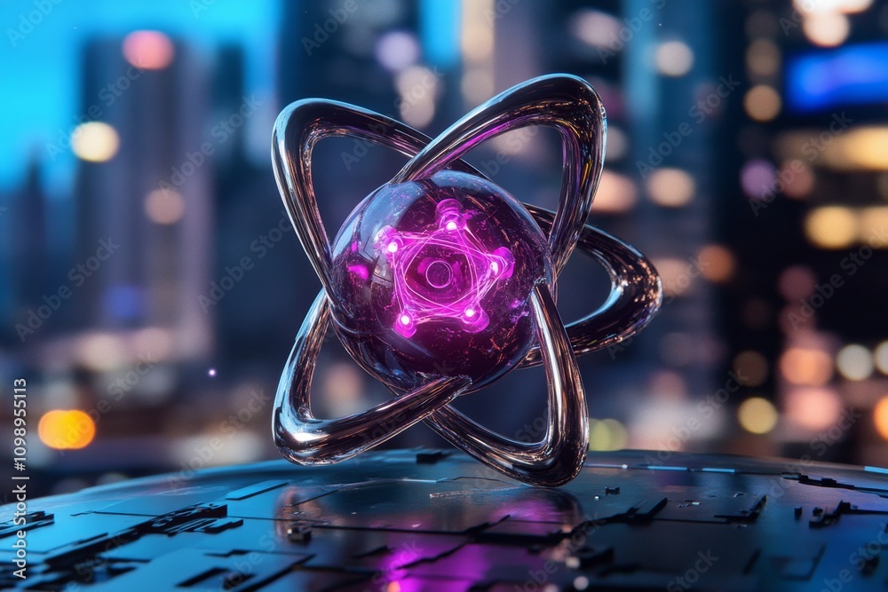 Poster a cyberpunk-themed atom glowing with neon lights and surrounded by digital particles, floating in a 