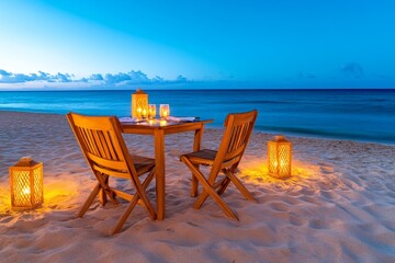 A romantic beach dinner setup with a table for two, lit by candles and surrounded by soft, glowing lanterns