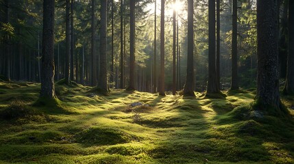 Obraz premium Sunlit Forest Mossy Ground
