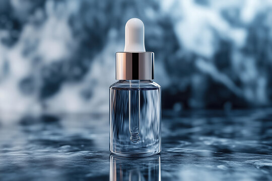 Tranexamic Acid Serum on Skin with Smooth Texture, Blue-Gray Peaceful Background, Skincare Product Close-up