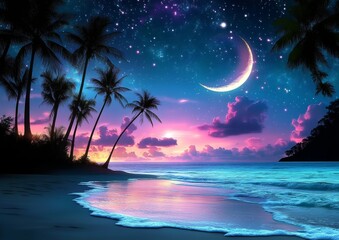 Tropical Beach Night Sunset with Palm Trees Stars Moon Ocean Waves