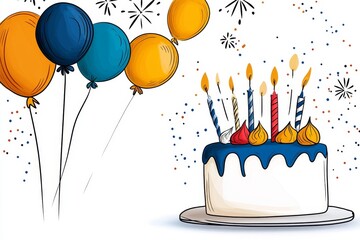 A stylized line drawing of a birthday cake with simple shapes and clean, bold colors