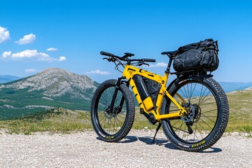 Fototapeta premium A touring bike fully equipped with saddlebags and camping gear, parked on a hilltop with panoramic views of a valley