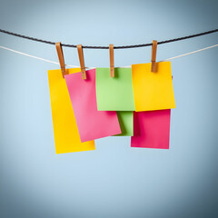 Coloured pieces of paper hanging from a line with bulldog clips