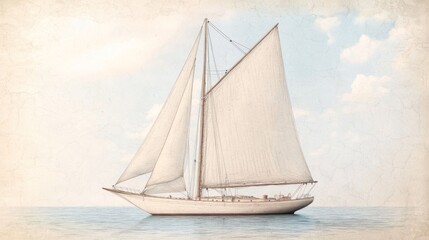 Fototapeta premium Serenity of the Sea: Vintage Sailboat Illustration on Weathered Paper