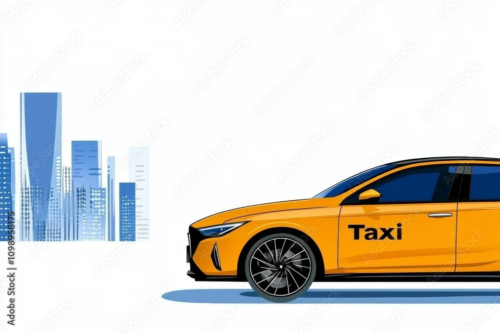 Poster a flat 2d design of a taxi with a glowing 
