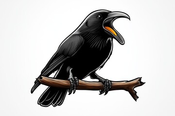 Crow perched on a branch with sharp details and a mysterious aura, sketch engraving generative AI fictional character Scratch board imitation Black and white image separate on white background