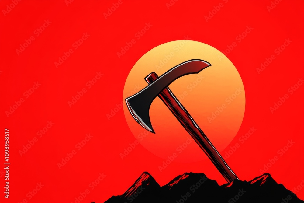 Poster a flat graphic of an axe pick head with modern, sleek curves, surrounded by abstract mountain shapes