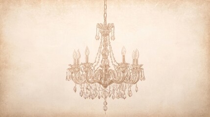 Elegance Personified: Vintage Ornate Chandelier in Ultra-Detailed Illustration on Aged Paper with Intricate Crystal Details and Golden Hues