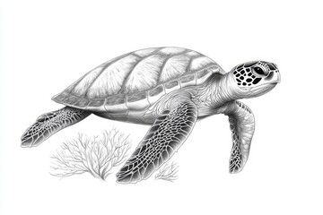Fototapeta premium Turtle swimming gracefully among coral reefs and aquatic plants, showcasing marine elegance sketch engraving fictional character Scratch board imitation Black and white image separate on white