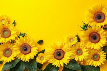 Vibrant Sunflowers with Green Leaves on Bright Yellow Background, Fresh Floral Composition, Summer Harvest, Natural Beauty