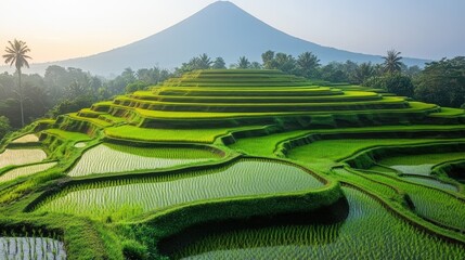 Lush green terraced rice fields with a mountain backdrop at sunrise.