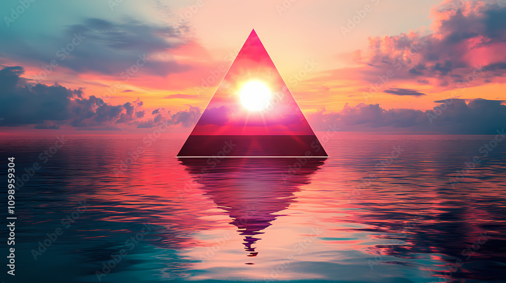 Wall mural Surreal landscape with triangle pyramid concept poster. abstract geometric wallpaper background. cyberpunk vaporwave style. raster bitmap digital illustration. ai artwork. Vaporwave. Illustration