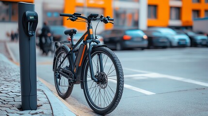 Naklejka premium A black electric bicycle parked next to a charging station in an urban environment.