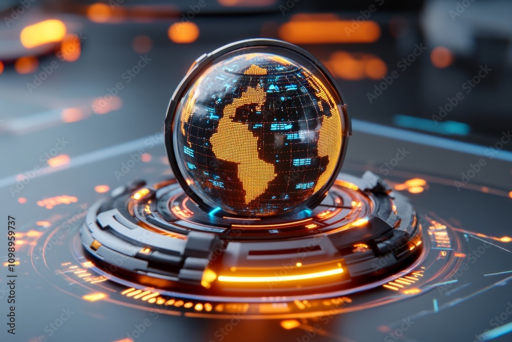 Poster a futuristic holographic display showing global awareness data with virtual earth projections and gl