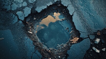 Obraz premium A deep pothole reflecting the sky and surrounding asphalt.