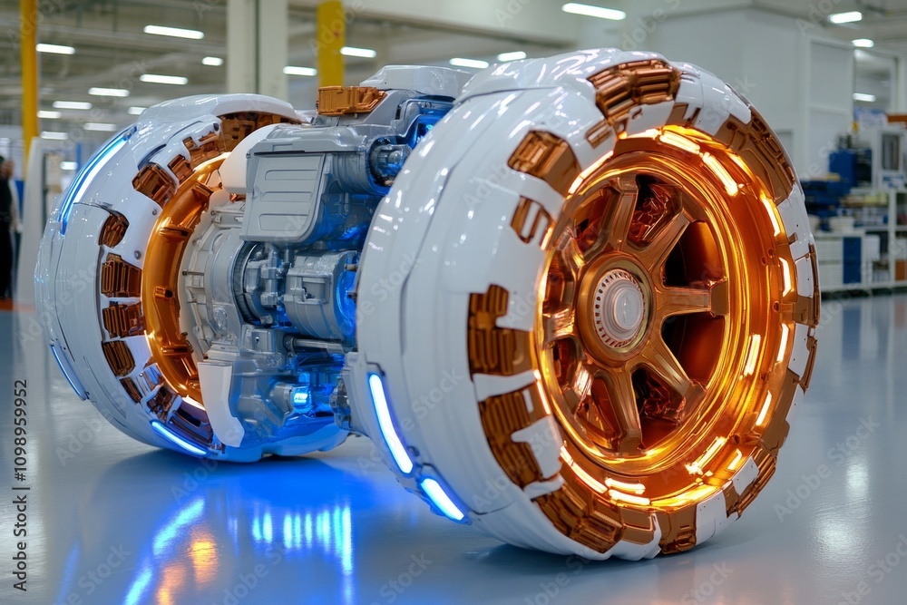 Poster A futuristic vehicle axle design with glowing elements, displayed in a high-tech automotive showroom