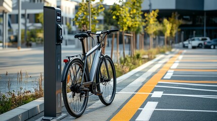 A black electric bike parked next to a charging station on a city street.