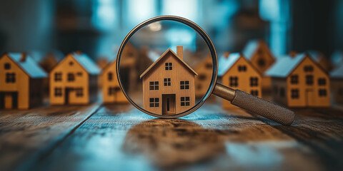businessman using magnifying glass zooming to see Model house