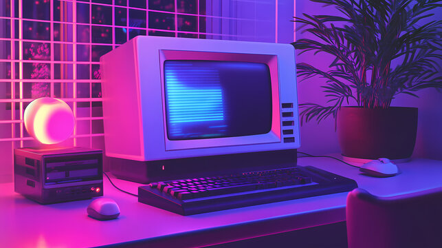 Vintage retro personal computer with vaporwave , aesthetic and synthwave vibes. Vaporwave. Illustration