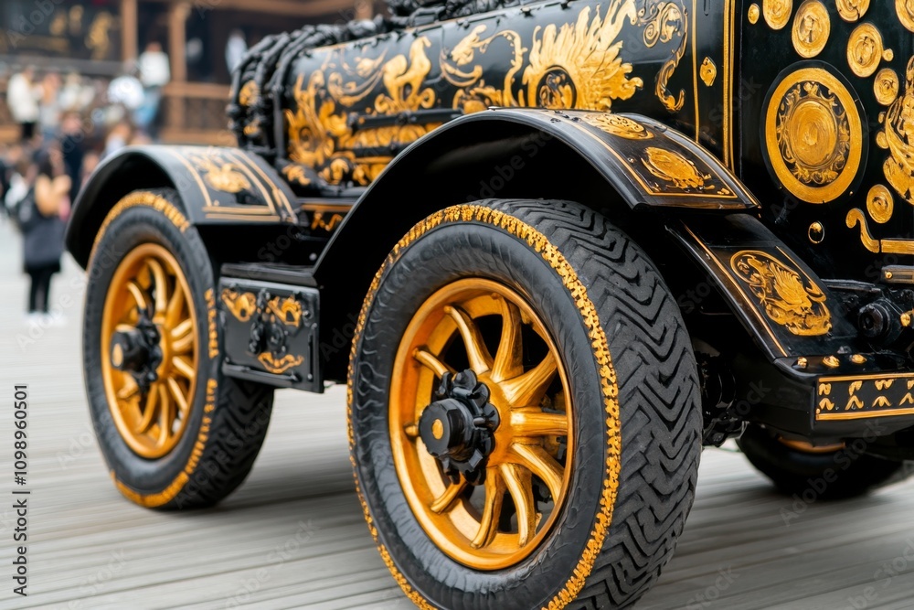 Poster a gothic-style axle from a dark, steampunk carriage, adorned with intricate designs and set against 
