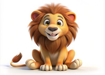 Fototapeta premium Aerial View of a Whimsical 3D Cartoon Lion Sitting Alone on a White Background, Ideal for Children's Themes and Projects, Perfect for Creative Designs and Illustrations