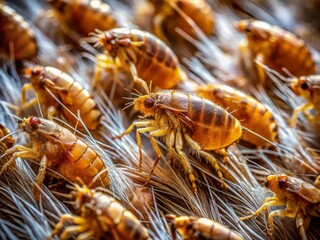 Obraz premium Aerial View of Flea Infestation: Close-Up of Fleas on a Fur Surface with a Macro Lens, Showcasing Their Tiny Size and Complex Anatomy in a Natural Environment