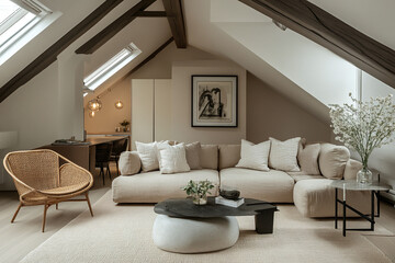 Fototapeta premium A luxury attic apartment with an open-plan living area, sophisticated decor, and stylish accents in a neutral color palette.