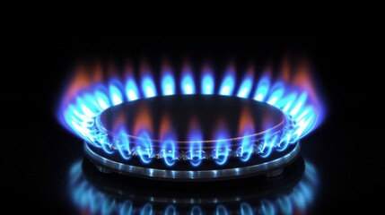 blue flames of a gas burner on a black background lighting up kitchen energy for cooking