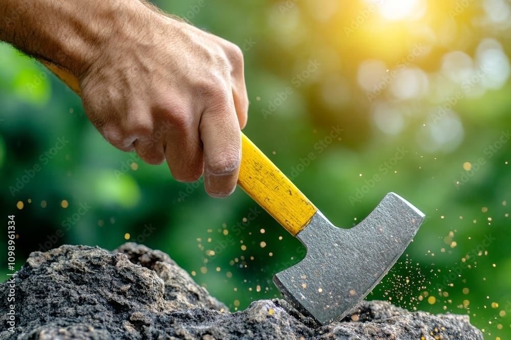Poster a hyper-realistic close-up of a climber axe pick striking a rock face, showing fine dust and sparks 
