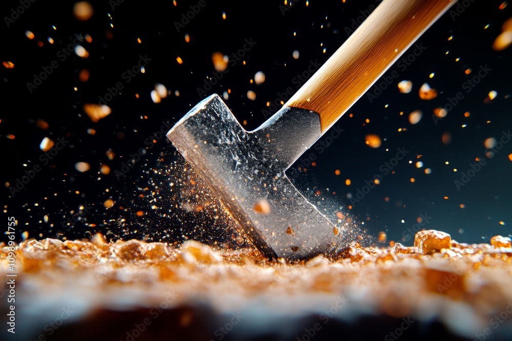 Poster a hyper-realistic close-up of a climber axe pick striking a rock face, showing fine dust and sparks 