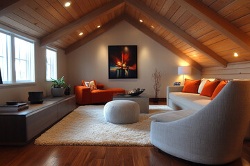 An upscale attic loft featuring modern furnishings, a cozy sitting area.