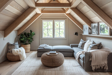 An upscale attic loft featuring modern furnishings, a cozy sitting area.